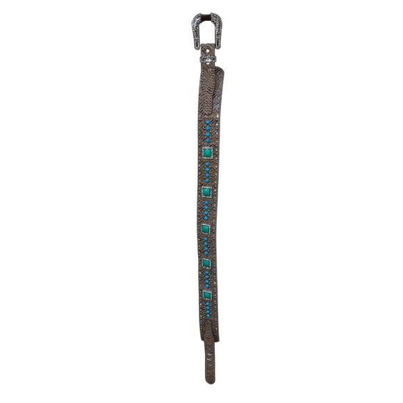 Ariat Wide Brown Western Rhinestone & Turquoise Genuine Leather Belt XL With Sil - Picture 1 of 11